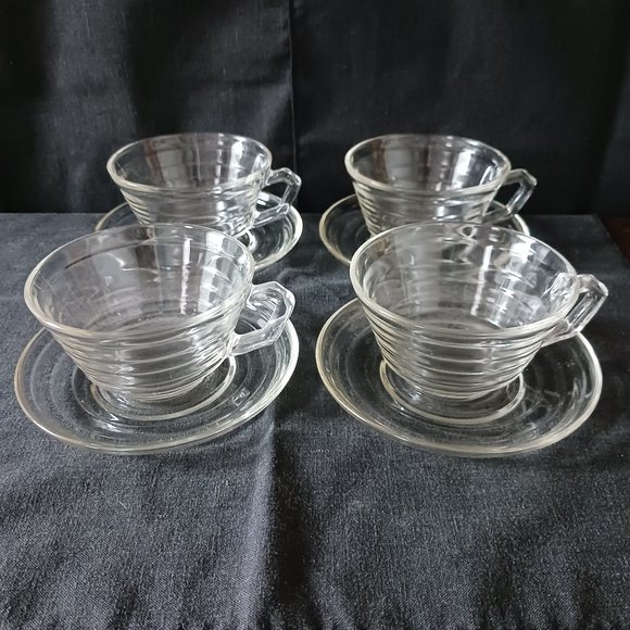 Vintage Hazel Atlas Moderntone Clear Glass 4 Cup and Saucer Sets Mid Century MCM - Picture 1 of 6